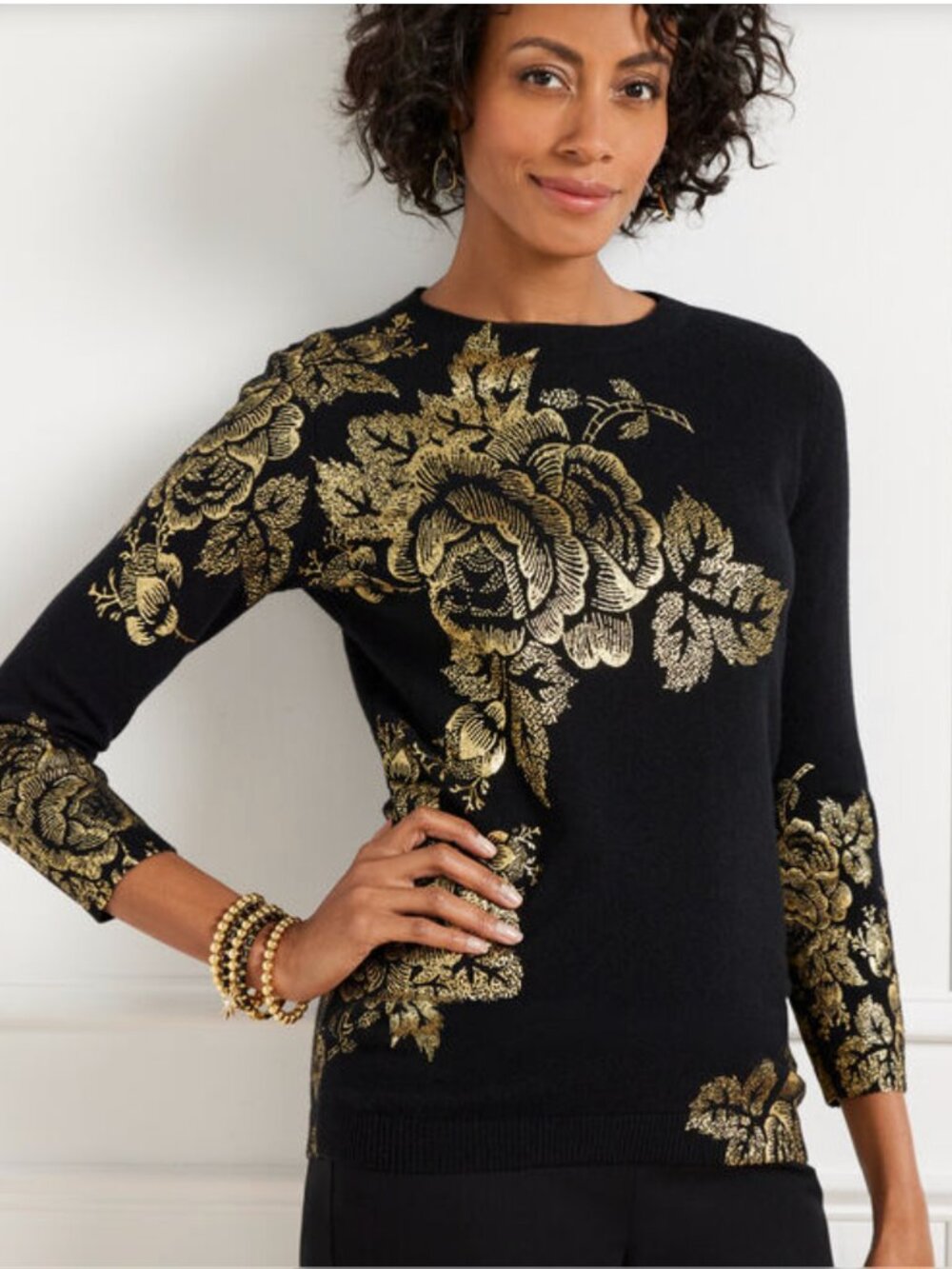 NWOT Talbots 100% Cashmere Sweater Floral Audrey Luxury Crew Neck Gold Stencil L